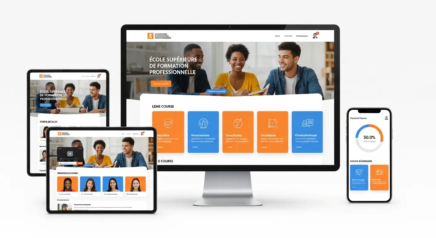Plateforme de formation en ligne — design engageant avec catalogue de cours et espace apprenant
