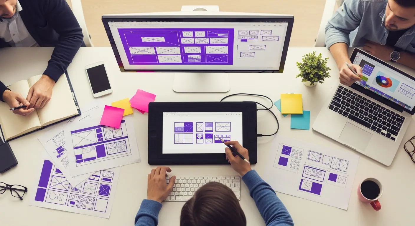 Équipe de l'agence web travaillant sur des maquettes de sites web